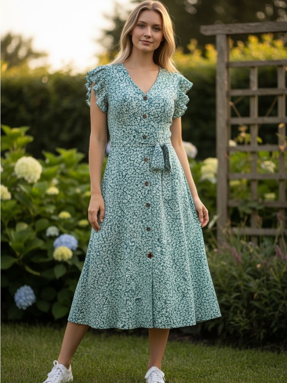 Sienna Sky Teal Floral Button-Front Midi Dress